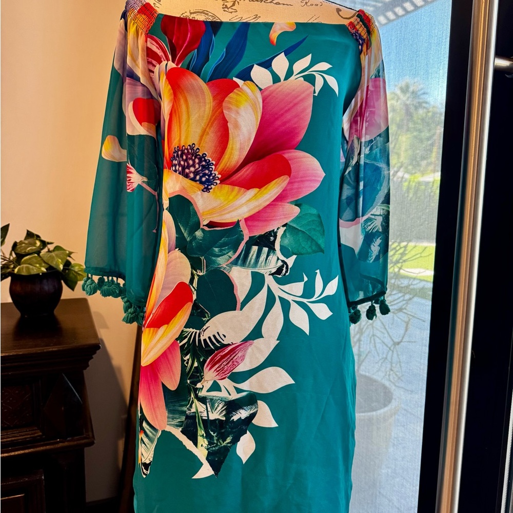 Trina Turk Teal Floral Dress with Tassels